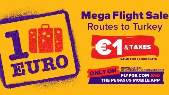 Pegasus:  Mega ფასდაკლება: ავიაბილეთები 3₾+Taxes 