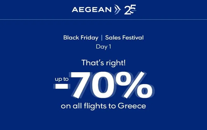 შავი პარასკევის გაყიდვების ფესტივალი - დღე 1: 70%-მდე ფასდაკლება საბერძნეთის მიმართულებით ყველა ფრენაზე!